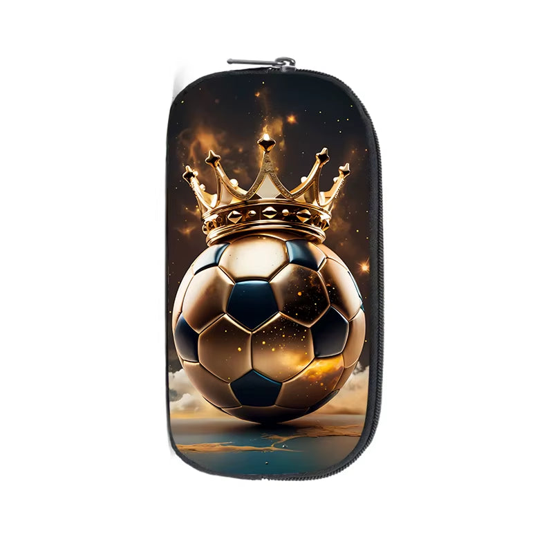 Cool Soccer with Golden Crown Cosmetic Case Kids Football Pencil Bag Teenager Stationery Bag Pencil Box Office School Supplies