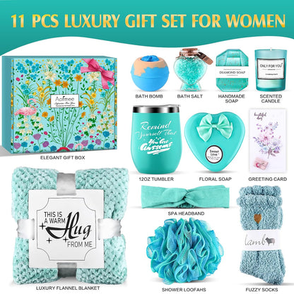 Birthday Gifts for Women, Thinking of You Gift Care Package with Luxury Flannel Blanket for Women Mom Her Wife Friends Sister, Blue Self Care Spa Relaxing Baskets for Christmas Valentines Mothers Day