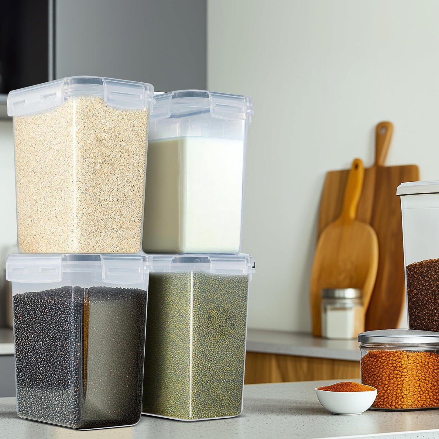 SET of 4 AIR TIGHT STORAGE CONTAINERS CEREAL FOOD DRY KITCHEN PATRY DISPENSER