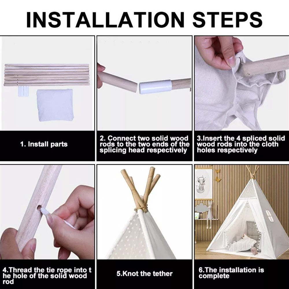 160CM Large Canvas Kids Teepee Star Wood Indian Tent Child In/Outdoor Play House