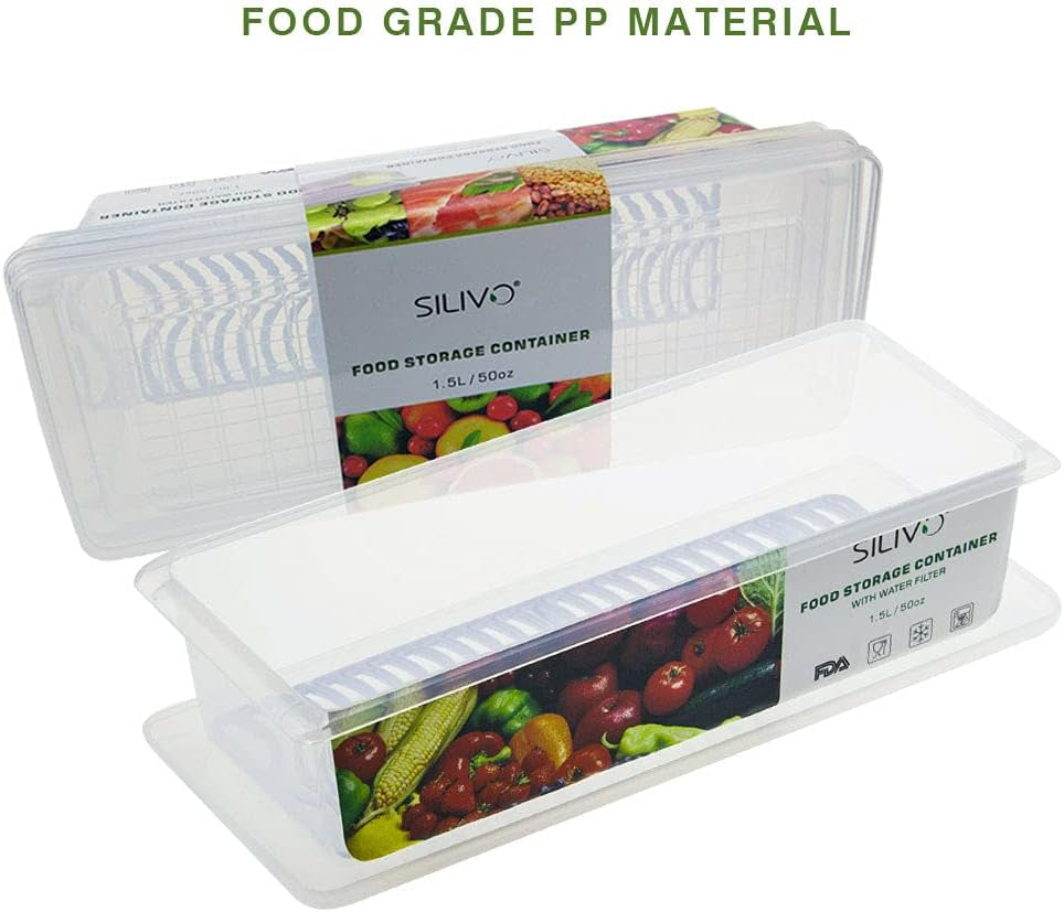 Fridge Organiser with Lids,  Food Storage Containers with Draining Grid, Fridge Organiser for Storing Fresh Fruit, Vegetable and Cheese (3 X 1.5L)