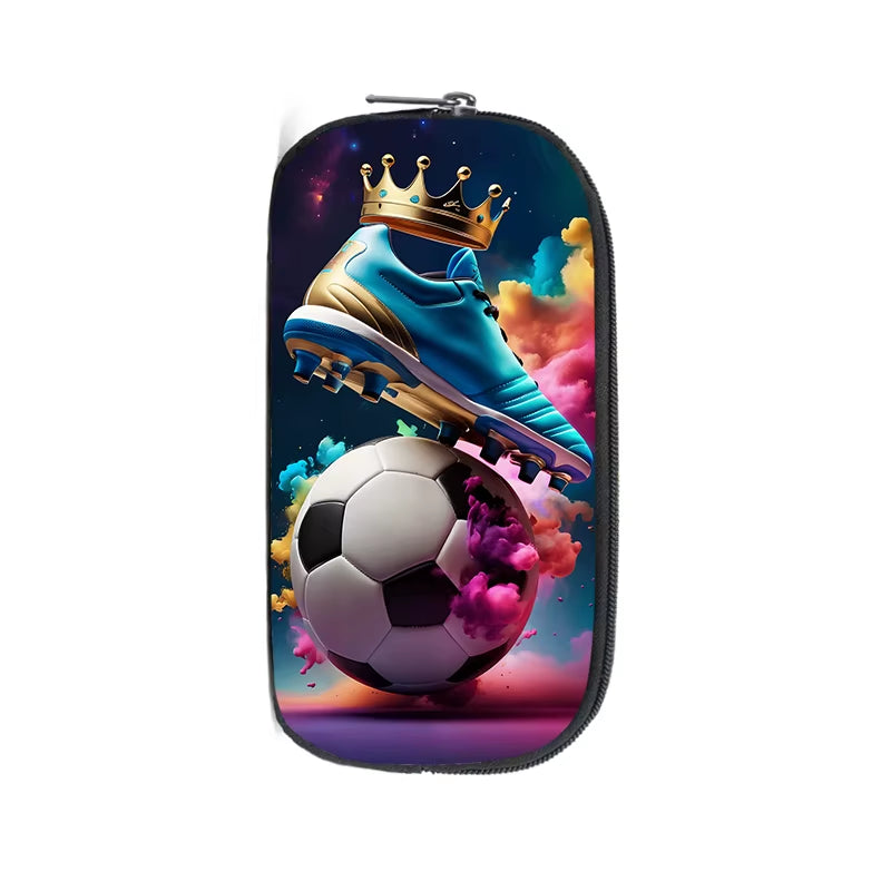 Cool Soccer with Golden Crown Cosmetic Case Kids Football Pencil Bag Teenager Stationery Bag Pencil Box Office School Supplies