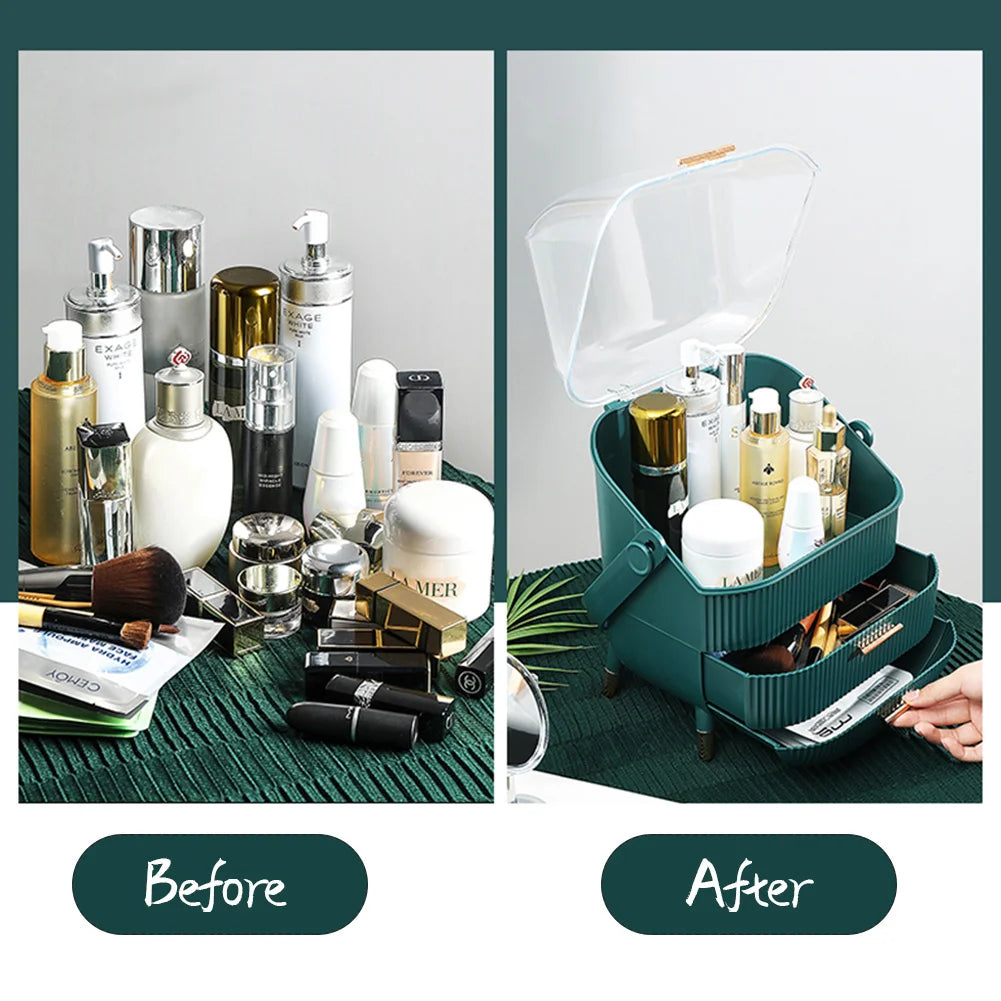 Green Elegant Makeup Storage Organizer Box with Drawers and Handle