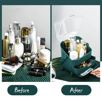 Green Elegant Makeup Storage Organizer Box with Drawers and Handle