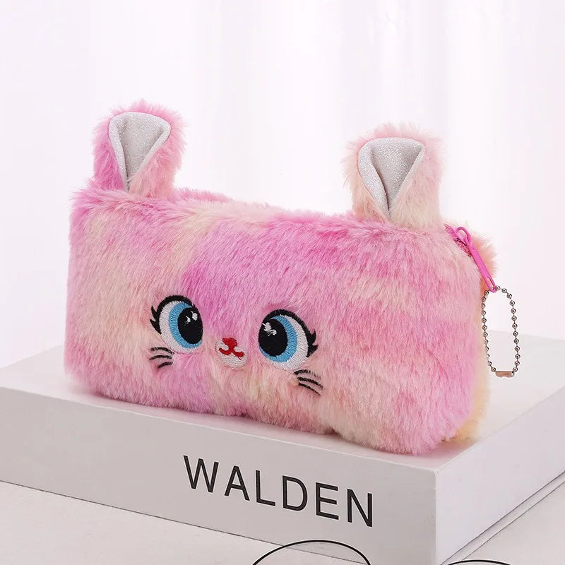 Kawaii Cat Large-Capacity Zipper Pencil Bag, Beautiful Cartoon Creative Plush Pencil Bag for Girls Stationery Storage Bag