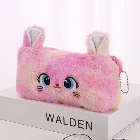 Kawaii Cat Large-Capacity Zipper Pencil Bag, Beautiful Cartoon Creative Plush Pencil Bag for Girls Stationery Storage Bag