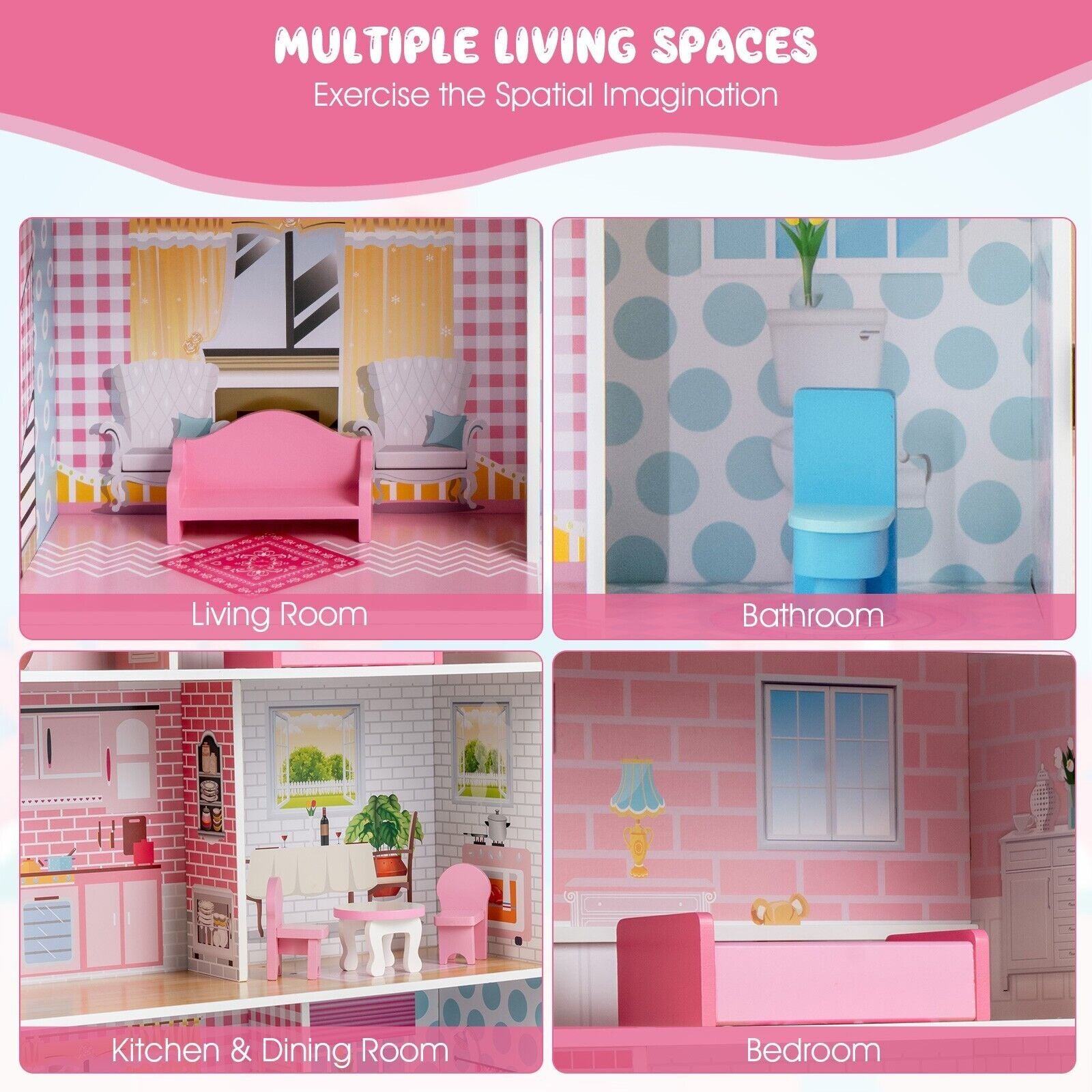 2 in 1 Kids Toy Kitchen and Dollhouse for 3+ Years Old Children