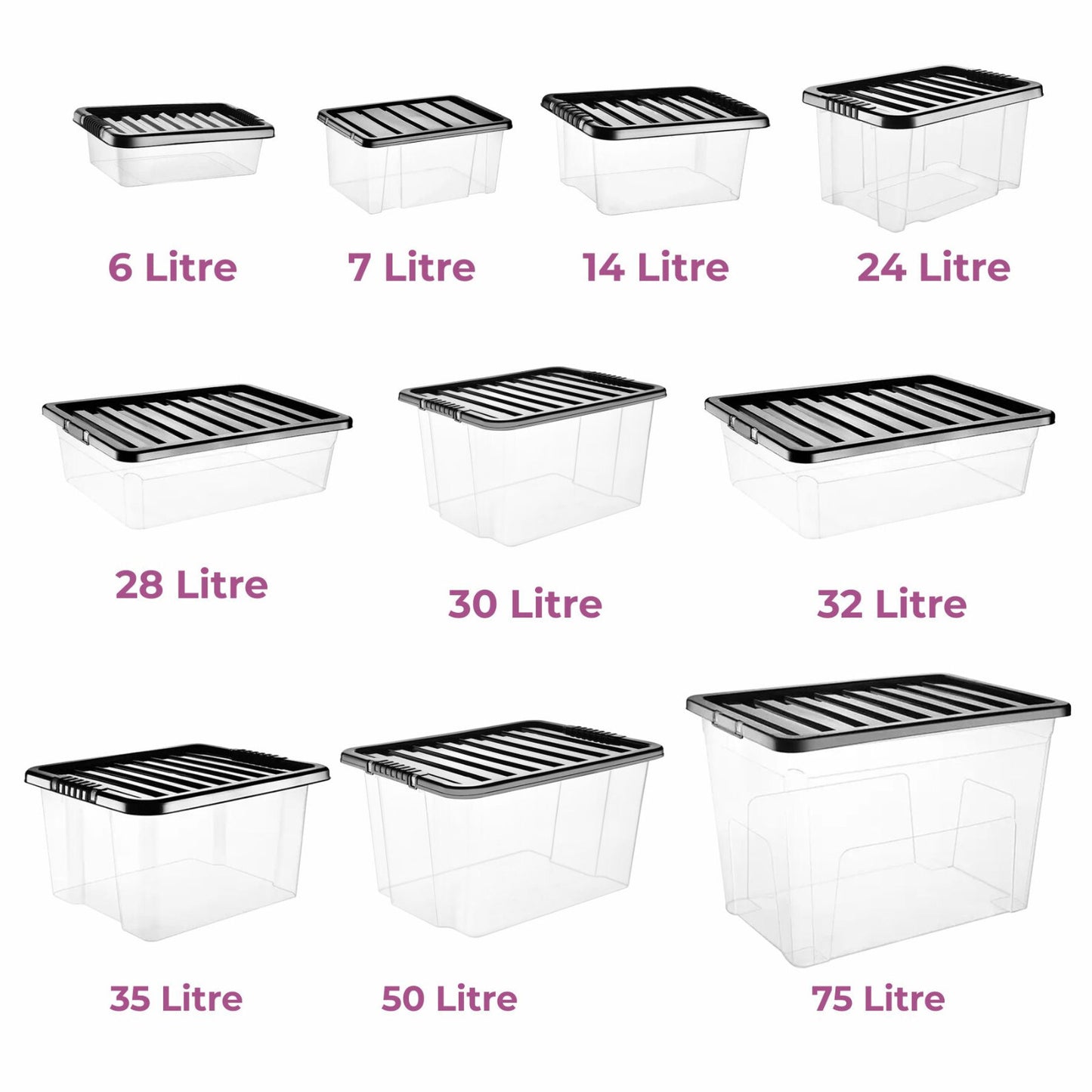 Plastic Storage Boxes with Black Lids Durable Stackable Home Office Clear Box UK