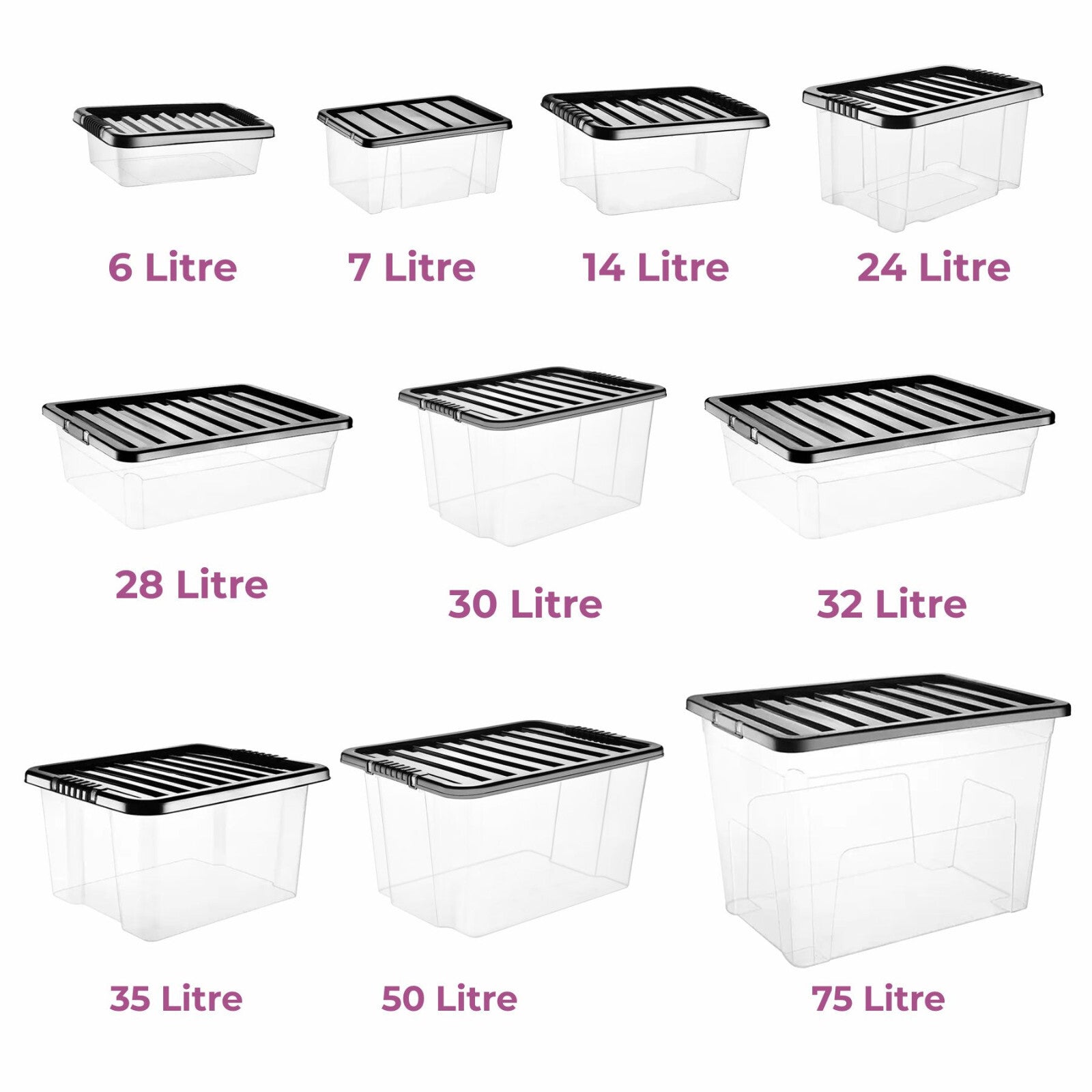 Plastic Storage Boxes with Black Lids Durable Stackable Home Office Clear Box UK