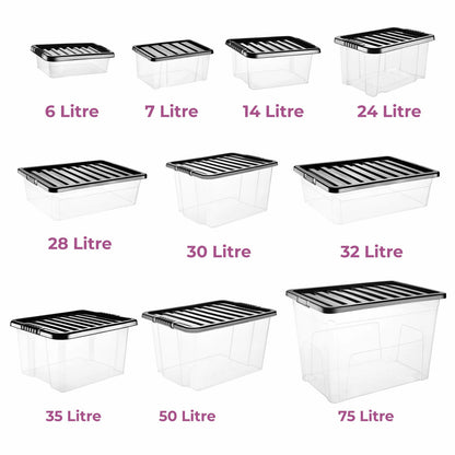 Plastic Storage Boxes with Black Lids Durable Stackable Home Office Clear Box UK