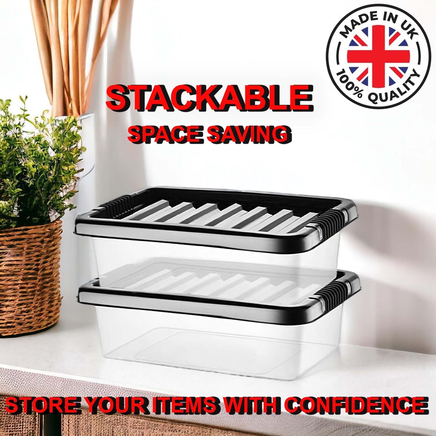 Clear Plastic Storage Boxes with Lids Stackable Box Home Office Kitchen UK Made