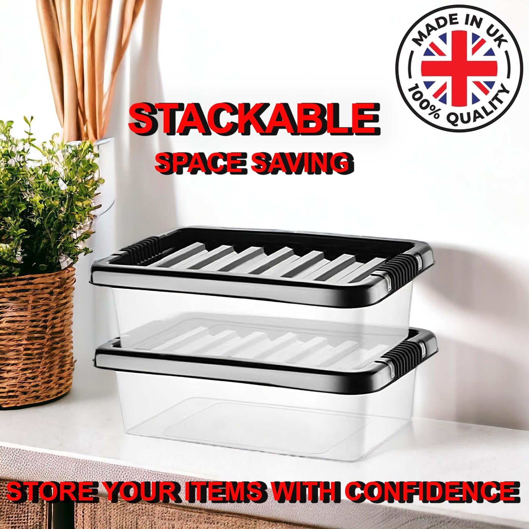 Clear Plastic Storage Boxes with Lids Stackable Box Home Office Kitchen UK Made
