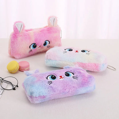 Kawaii Cat Large-Capacity Zipper Pencil Bag, Beautiful Cartoon Creative Plush Pencil Bag for Girls Stationery Storage Bag