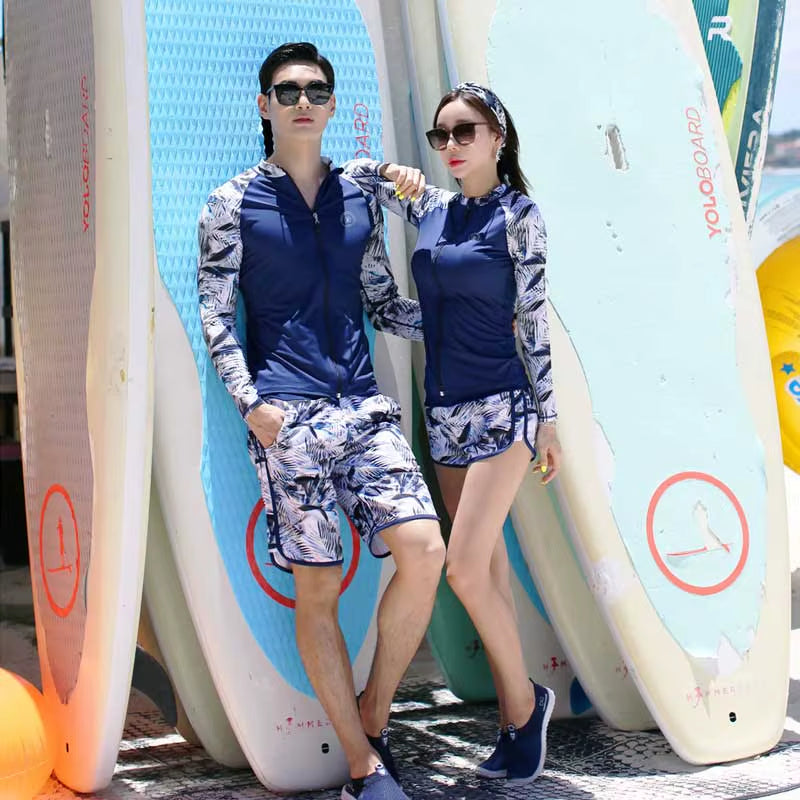 Women'S 3 Piece Men'S Rash Guard Tops & Bottomslong Sleeve Front Zip Bathing Suits Quick Drying UV Sun Protection Swim Surf Suit