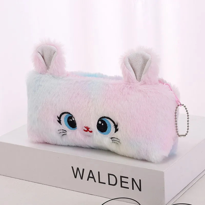 Kawaii Cat Large-Capacity Zipper Pencil Bag, Beautiful Cartoon Creative Plush Pencil Bag for Girls Stationery Storage Bag