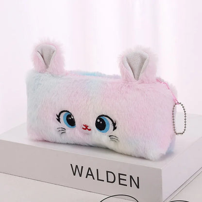 Kawaii Cat Large-Capacity Zipper Pencil Bag, Beautiful Cartoon Creative Plush Pencil Bag for Girls Stationery Storage Bag