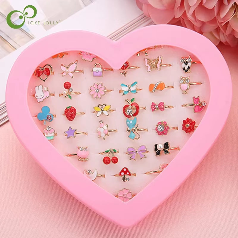 10/20/36 Pcs Cute Adjustable Rings Children Girls Pretend Play Makeup Toys Cartoon Crystal Jewelry Alloy Animal Enamel Ring