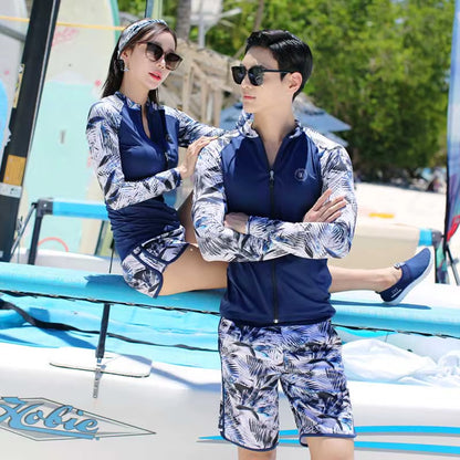 Women'S 3 Piece Men'S Rash Guard Tops & Bottomslong Sleeve Front Zip Bathing Suits Quick Drying UV Sun Protection Swim Surf Suit