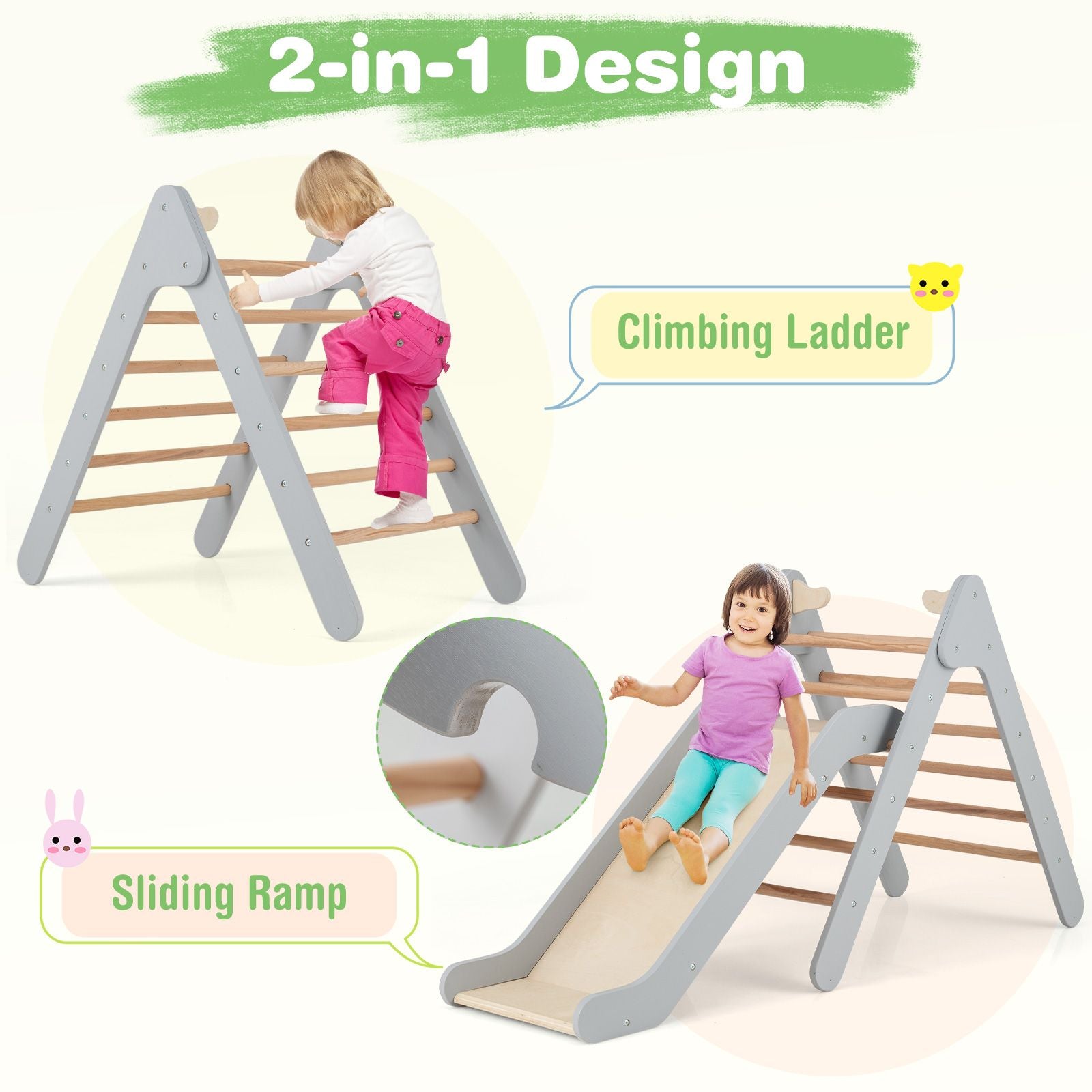 2-In-1 Wooden Triangle Climbing Toy with Gradient Adjustable Slide
