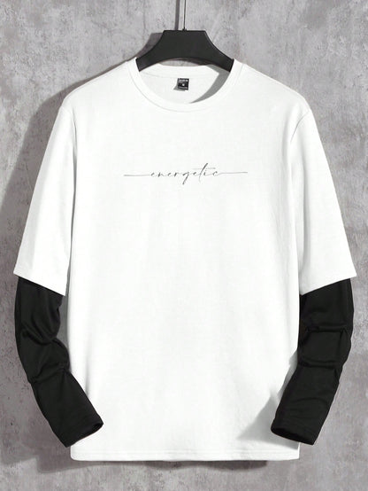 Manfinity Rebelgame Men T-Shirts Fit Crew Neck Drop Shoulder Long Sleeve Slogan Tee Casual Back to School Clothes Summer Polyester