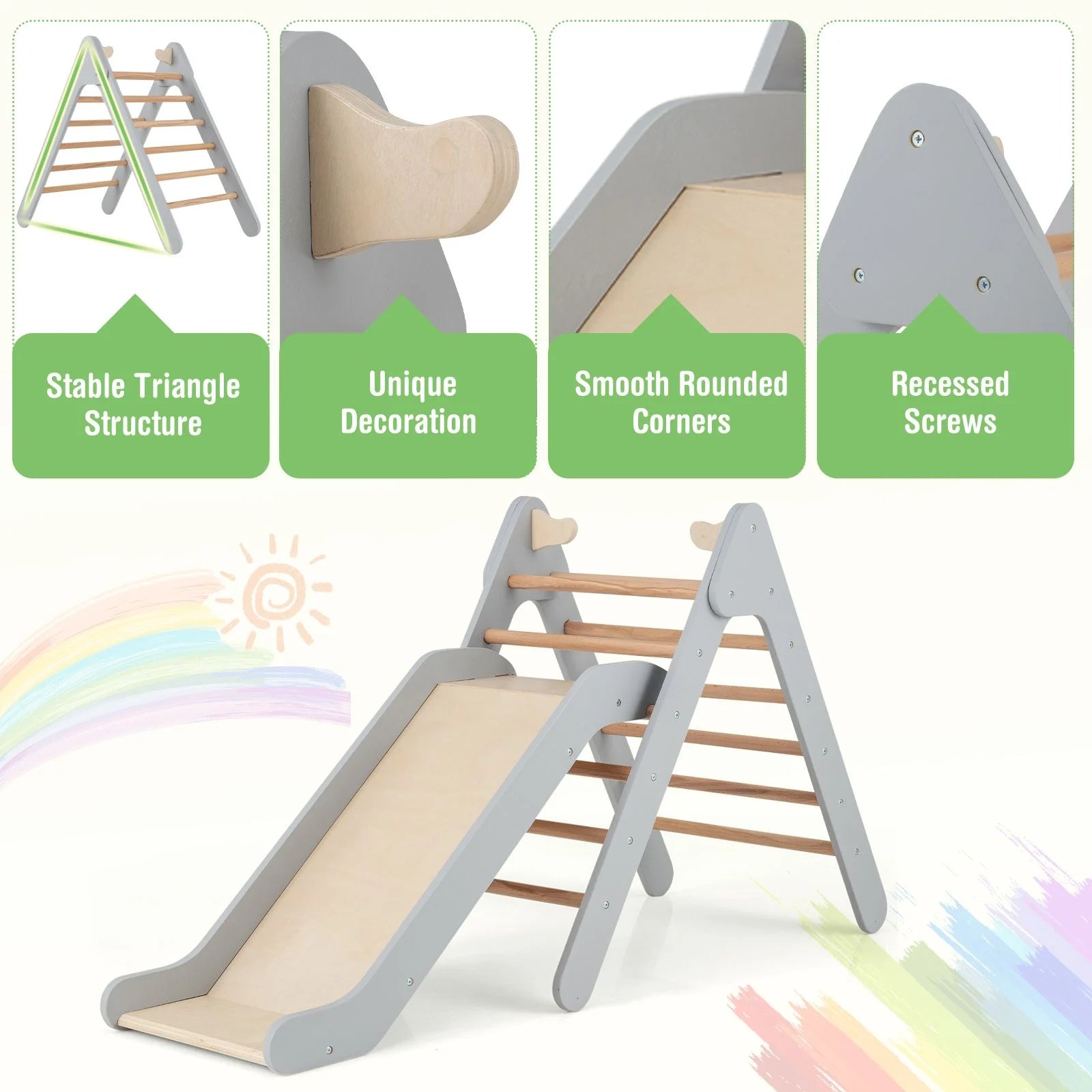 2-In-1 Wooden Triangle Climbing Toy with Gradient Adjustable Slide