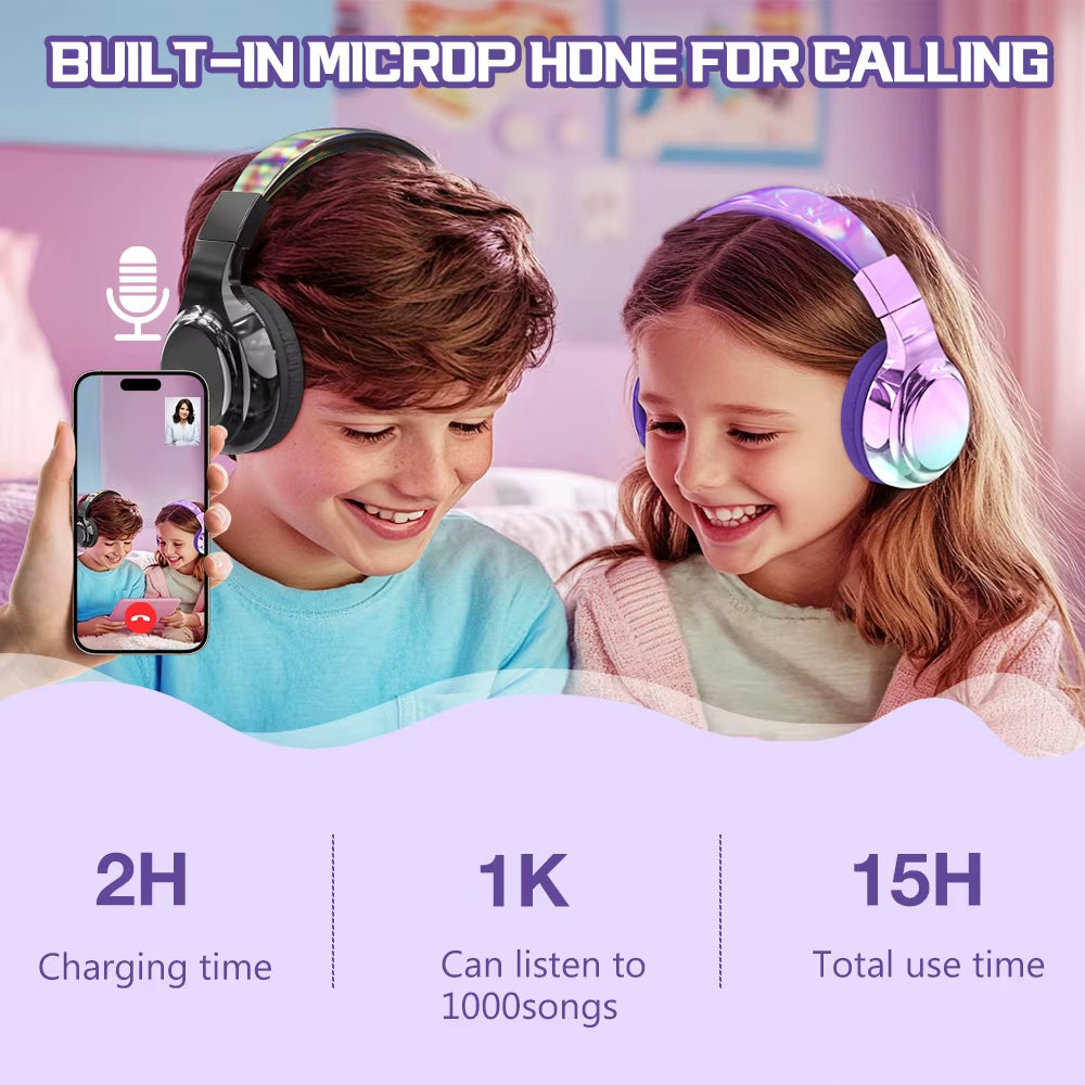Glossy Bluetooth Headphones for Kids Girls Wireless Stereo Headset with Mic for Travel Children'S Music Helmet Christmas Gifts