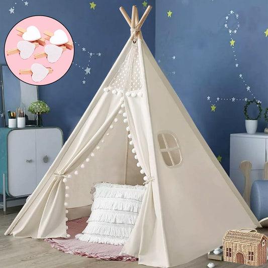 160CM Large Canvas Kids Teepee Star Wood Indian Tent Child In/Outdoor Play House