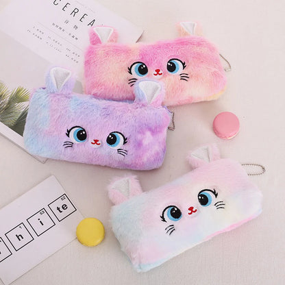 Kawaii Cat Large-Capacity Zipper Pencil Bag, Beautiful Cartoon Creative Plush Pencil Bag for Girls Stationery Storage Bag