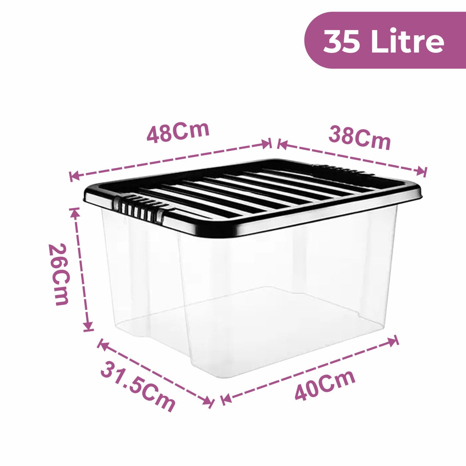 Plastic Storage Boxes with Black Lids Durable Stackable Home Office Clear Box UK