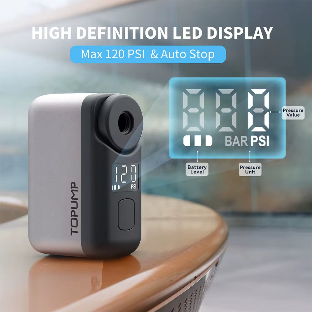 TB2 PRO Mini Cordless Electric Bike Pump - High-Pressure Tire Inflator with 120PSI, 450mAh Battery, Rapid Charging, and Integrated Display Screen