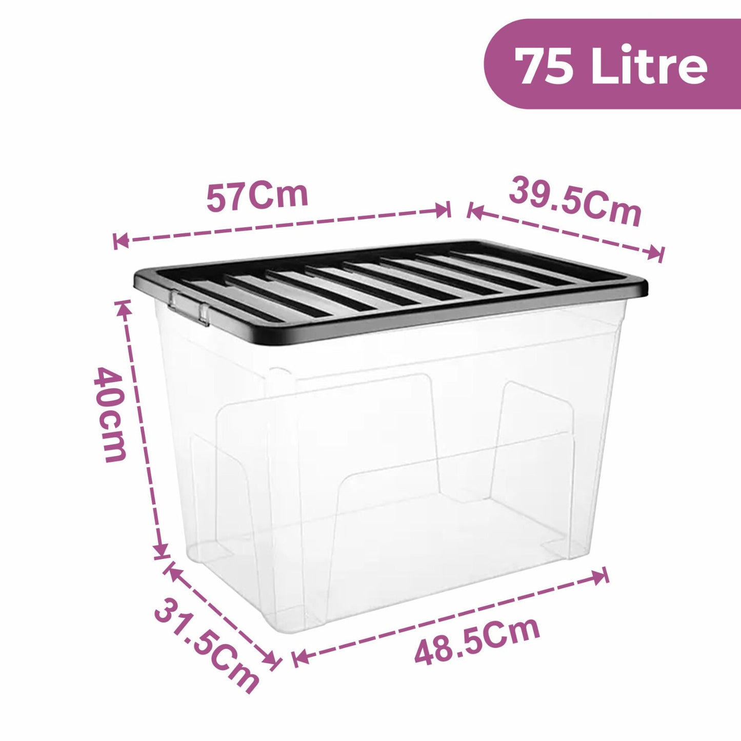 Plastic Storage Boxes with Black Lids Durable Stackable Home Office Clear Box UK