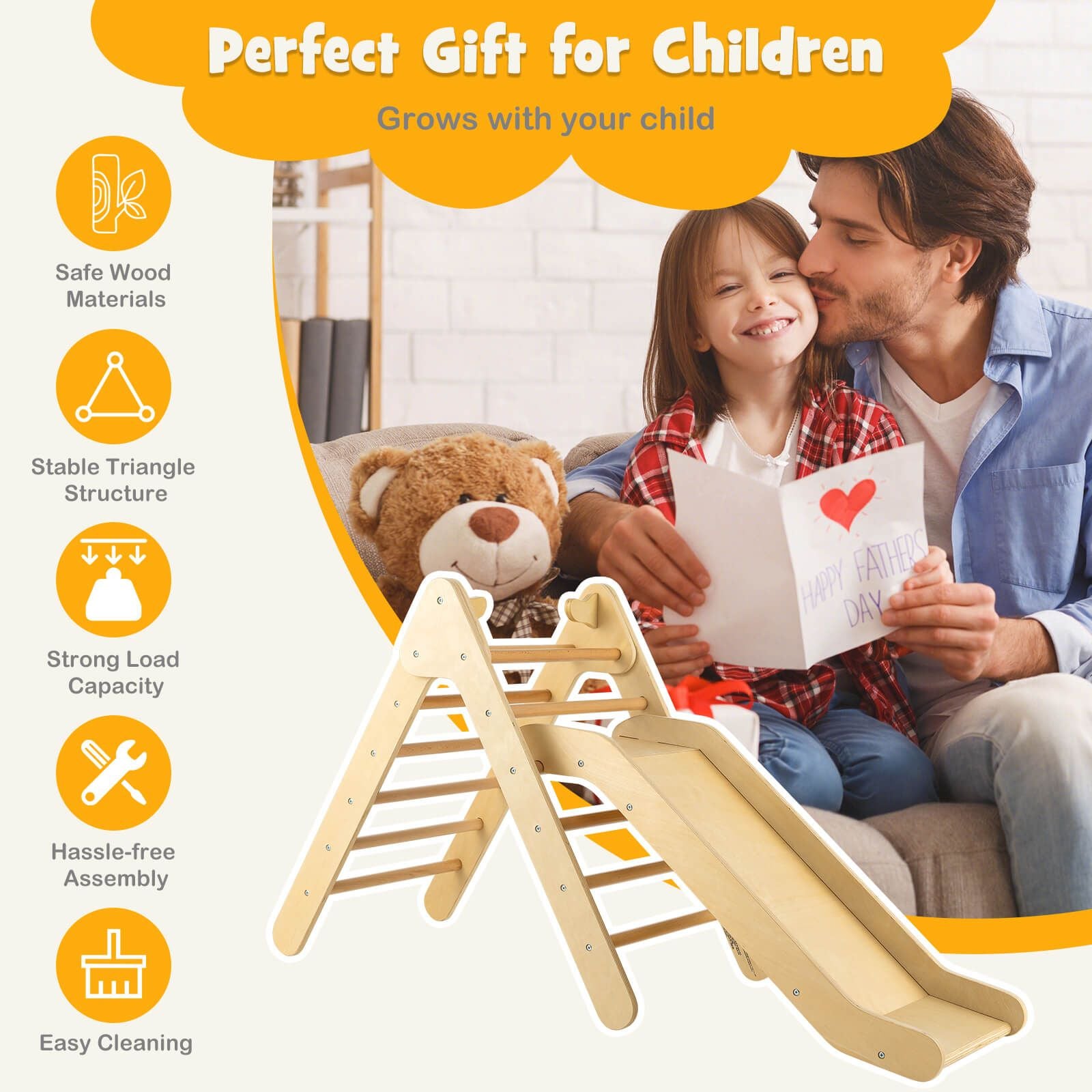 2-In-1 Wooden Triangle Climbing Toy with Gradient Adjustable Slide