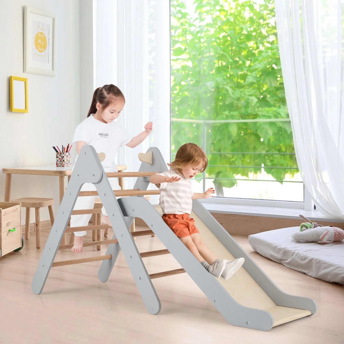 2-In-1 Wooden Triangle Climbing Toy with Gradient Adjustable Slide