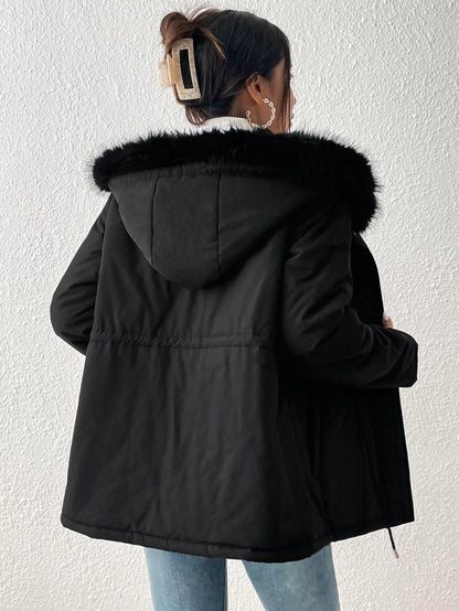 Essnce Drawstring Waist Fuzzy Trim Hooded Parka Coat