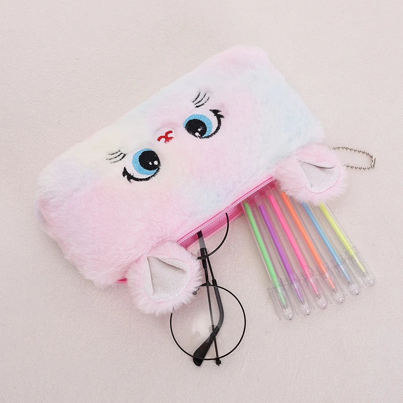 Kawaii Cat Large-Capacity Zipper Pencil Bag, Beautiful Cartoon Creative Plush Pencil Bag for Girls Stationery Storage Bag