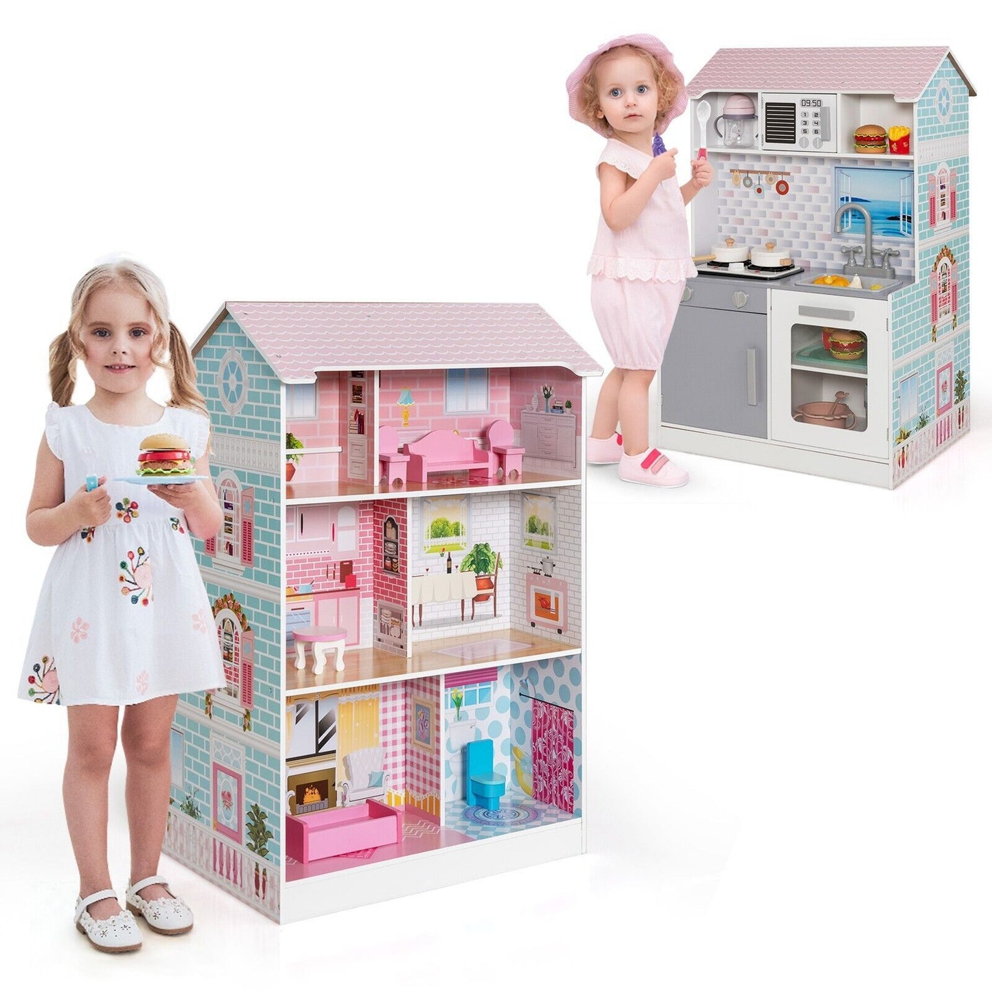 2 in 1 Kids Toy Kitchen and Dollhouse for 3+ Years Old Children